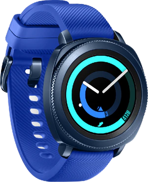 Samsung Gear Sport blauw voorkant linkerzijkant