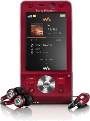 W910 voorkant i Hearty rood with headset