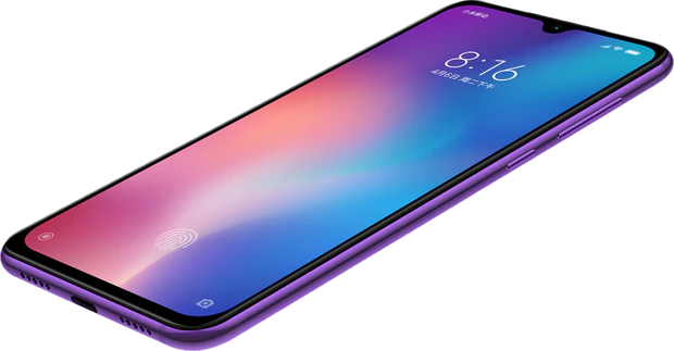 Xiao Mi Mi 9 SE purple front right side bottom tilted ed